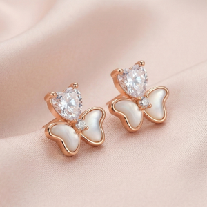 AGOR LUXE 925 Sterling Silver Rose Gold Plated Heart and Butterfly Stud Earrings Romantic Jewellery