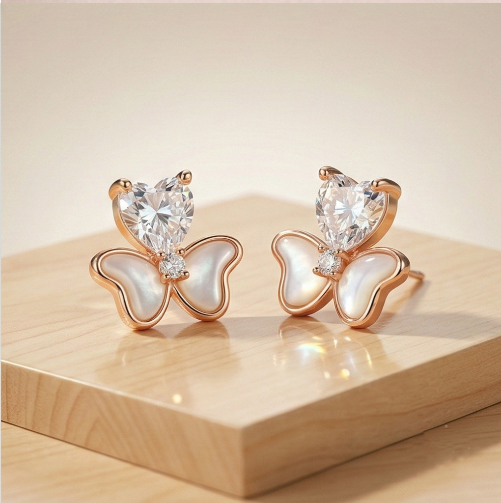 AGOR LUXE 925 Sterling Silver Rose Gold Plated Heart and Butterfly Stud Earrings Romantic Jewellery