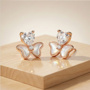 AGOR LUXE 925 Sterling Silver Rose Gold Plated Heart and Butterfly Stud Earrings Romantic Jewellery