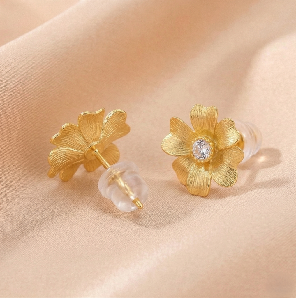 AGOR LUXE 925 Sterling Silver Gold Plated Textured Floral Stud Earrings Classic Jewellery