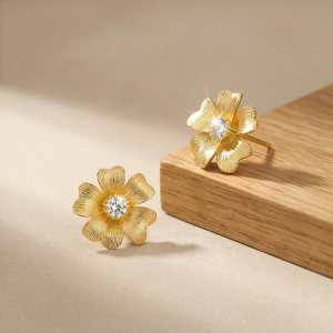 AGOR LUXE 925 Sterling Silver Gold Plated Textured Floral Stud Earrings Classic Jewellery