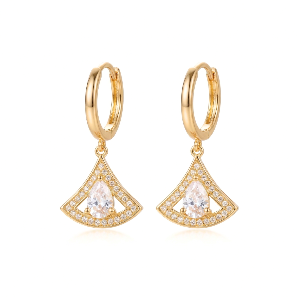 AGOR LUXE 925 Sterling Silver Gold Plated Geometric Fan Drop Earrings Art Deco Jewellery