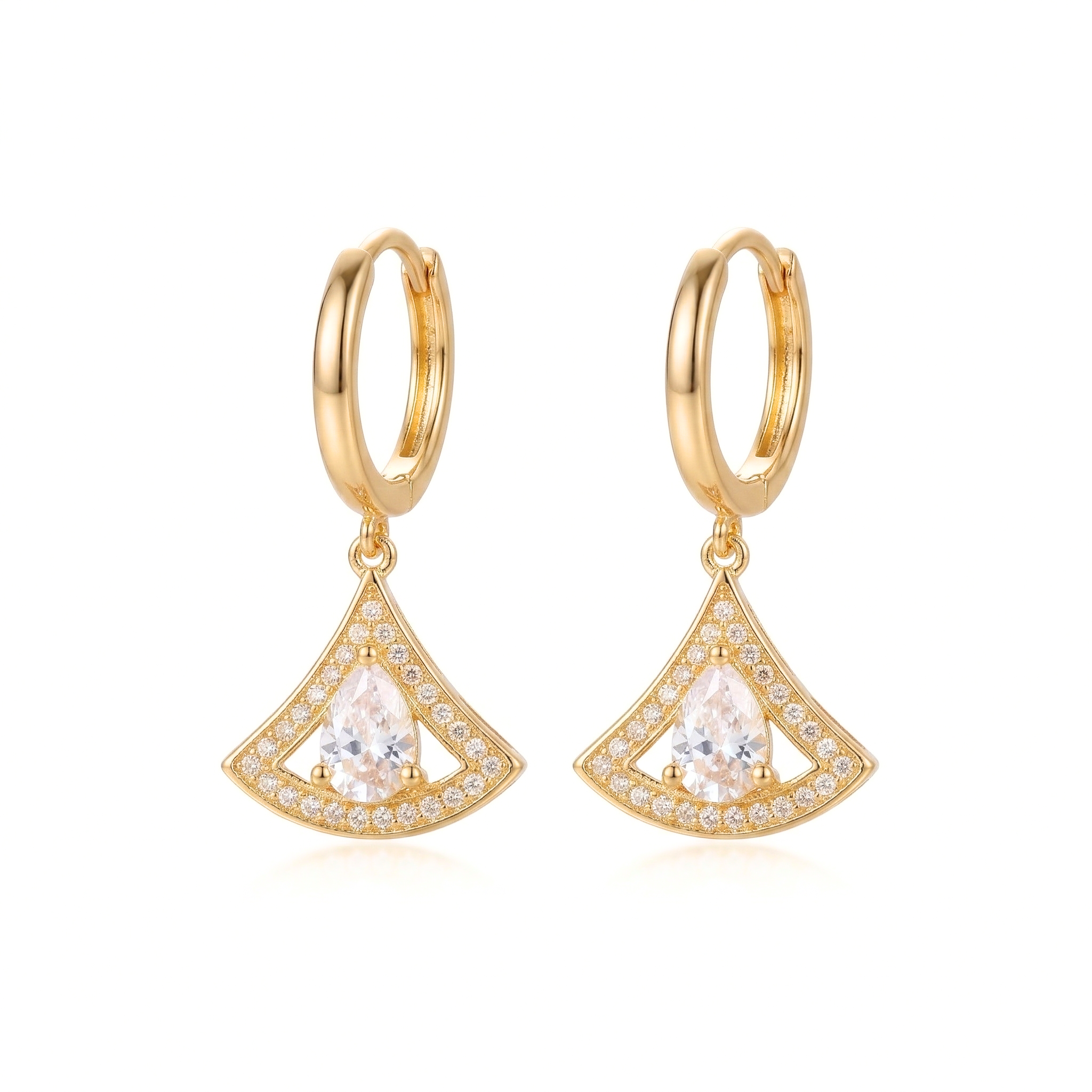 LUXE 925 Sterling Silver Gold Plated Geometric Fan Drop Earrings Art Deco Jewellery