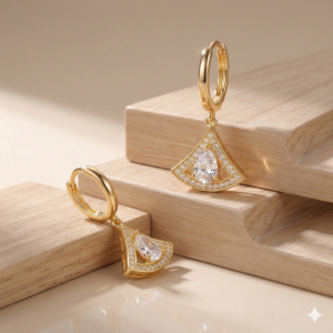AGOR LUXE 925 Sterling Silver Gold Plated Geometric Fan Drop Earrings Art Deco Jewellery