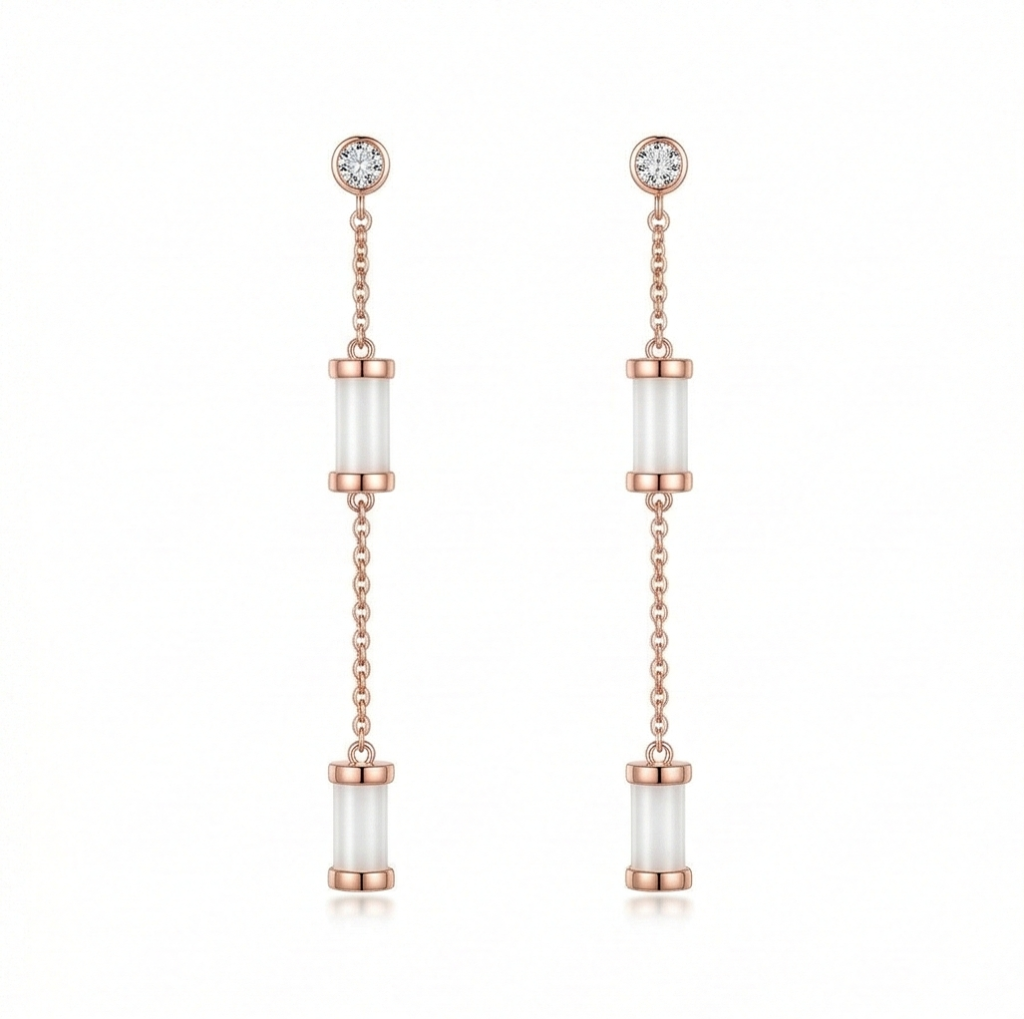 AGOR LUXE 925 Sterling Silver Long Chain Cylinder Dangle Earrings High Polish Rose Gold Finish Jewellery for Women