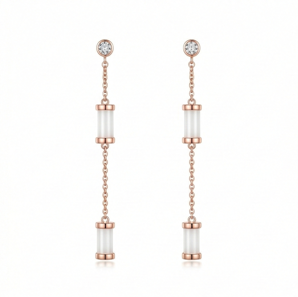LUXE 925 Sterling Silver Long Chain Cylinder Dangle Earrings High Polish Rose Gold Finish Jewellery for Women
