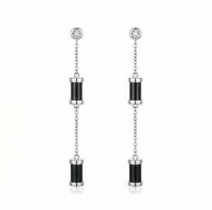 AGOR LUXE 925 Sterling Silver Long Chain Dangle Earrings with Black Accents Contemporary Jewellery