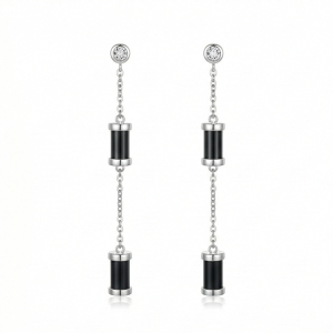 LUXE 925 Sterling Silver Long Chain Dangle Earrings with Black Accents Contemporary Jewellery