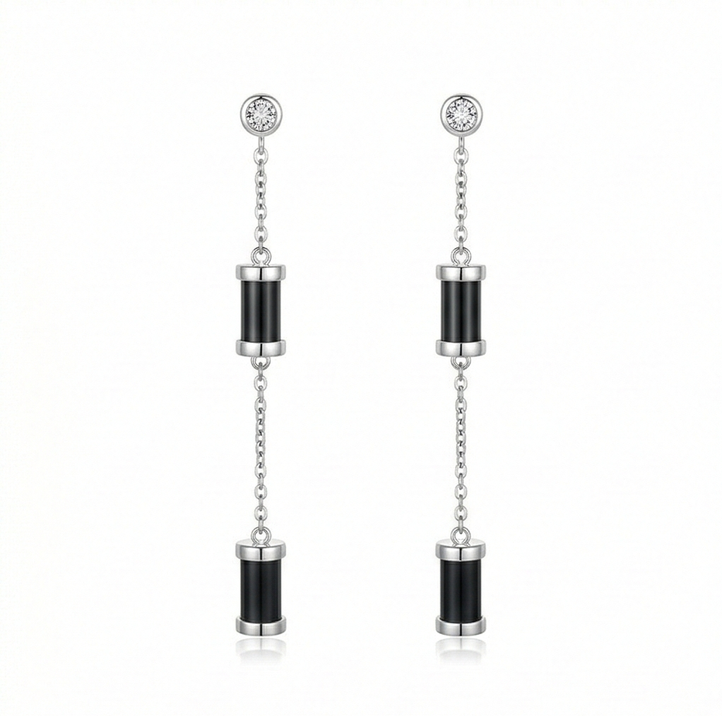 LUXE 925 Sterling Silver Long Chain Dangle Earrings with Black Accents Contemporary Jewellery
