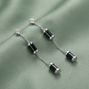 AGOR LUXE 925 Sterling Silver Long Chain Dangle Earrings with Black Accents Contemporary Jewellery