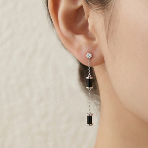 AGOR LUXE 925 Sterling Silver Long Chain Dangle Earrings with Black Accents Contemporary Jewellery