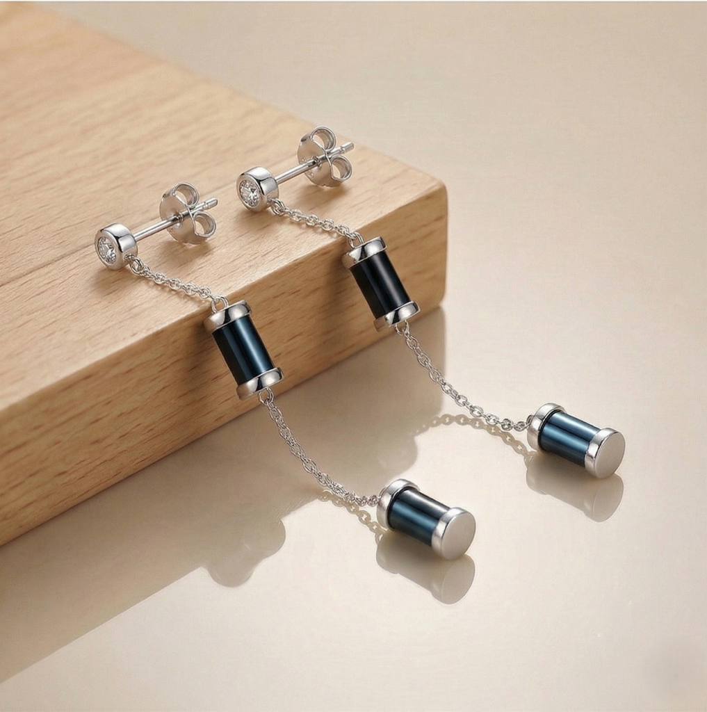 AGOR LUXE 925 Sterling Silver Long Chain Dangle Earrings with Black Accents Contemporary Jewellery