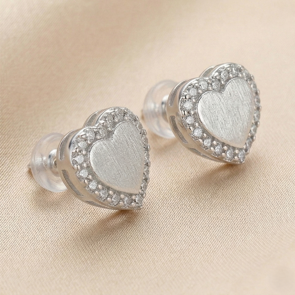 AGOR LUXE 925 Sterling Silver Frosted Heart Halo Stud Earrings High Polish Rhodium Finish Jewellery for Women