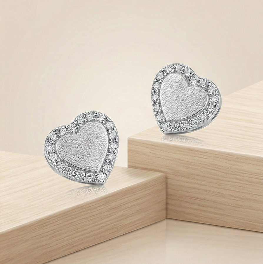LUXE 925 Sterling Silver Frosted Heart Halo Stud Earrings High Polish Rhodium Finish Jewellery for Women