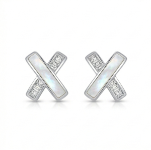 AGOR LUXE 925 Sterling Silver Criss Cross Mother of Pearl Stud Earrings High Polish Rhodium Finish Jewellery for Women