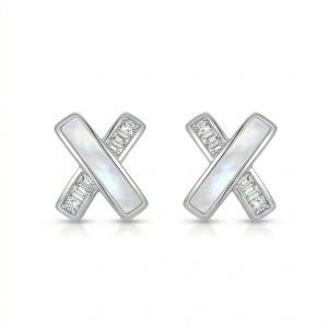 LUXE 925 Sterling Silver Criss Cross Mother of Pearl Stud Earrings High Polish Rhodium Finish Jewellery for Women