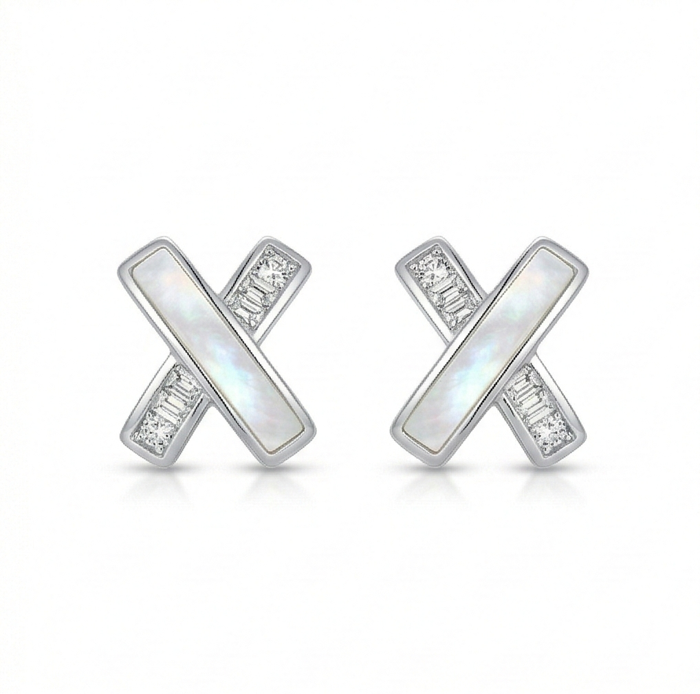 LUXE 925 Sterling Silver Criss Cross Mother of Pearl Stud Earrings High Polish Rhodium Finish Jewellery for Women