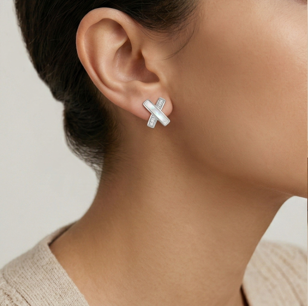AGOR LUXE 925 Sterling Silver Criss Cross Mother of Pearl Stud Earrings High Polish Rhodium Finish Jewellery for Women