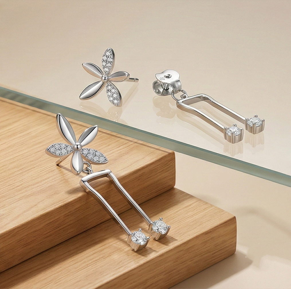 LUXE 925 Sterling Silver Floral Geometric Dangle Earrings High Polish Rhodium Finish Jewellery for Women