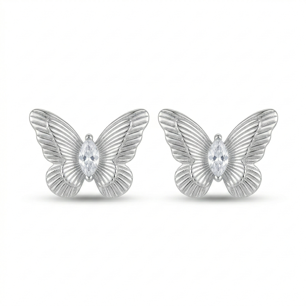 AGOR LUXE 925 Sterling Silver Textured Butterfly Stud Earrings High Polish Rhodium Finish Jewellery for Women