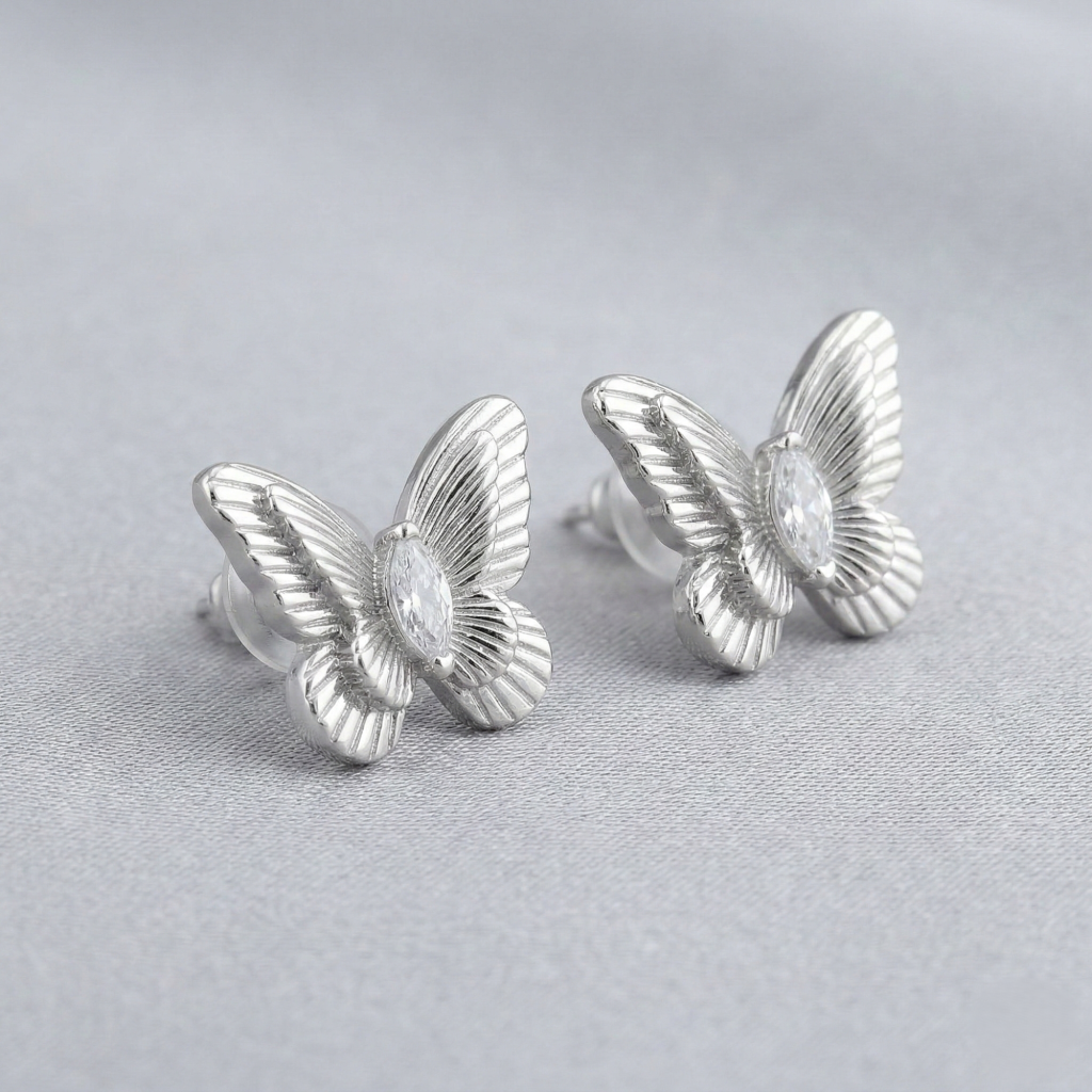 AGOR LUXE 925 Sterling Silver Textured Butterfly Stud Earrings High Polish Rhodium Finish Jewellery for Women