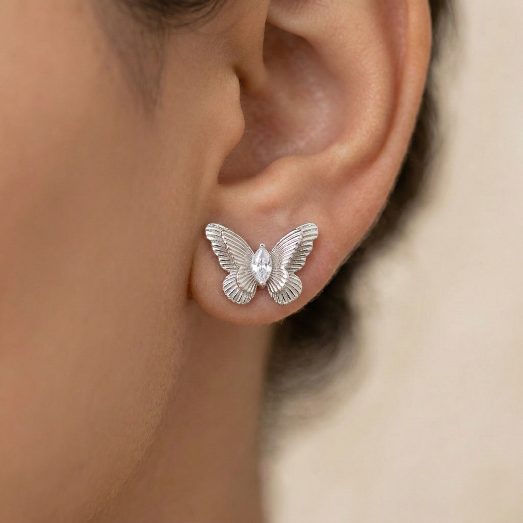 AGOR LUXE 925 Sterling Silver Textured Butterfly Stud Earrings High Polish Rhodium Finish Jewellery for Women