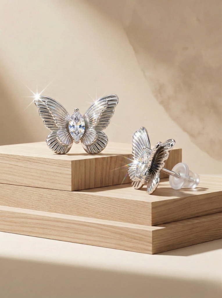 AGOR LUXE 925 Sterling Silver Textured Butterfly Stud Earrings High Polish Rhodium Finish Jewellery for Women