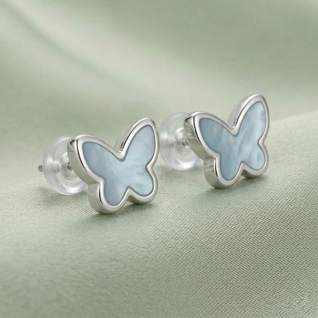 AGOR LUXE 925 Sterling Silver Blue Butterfly Stud Earrings High Polish Rhodium Finish Jewellery for Women