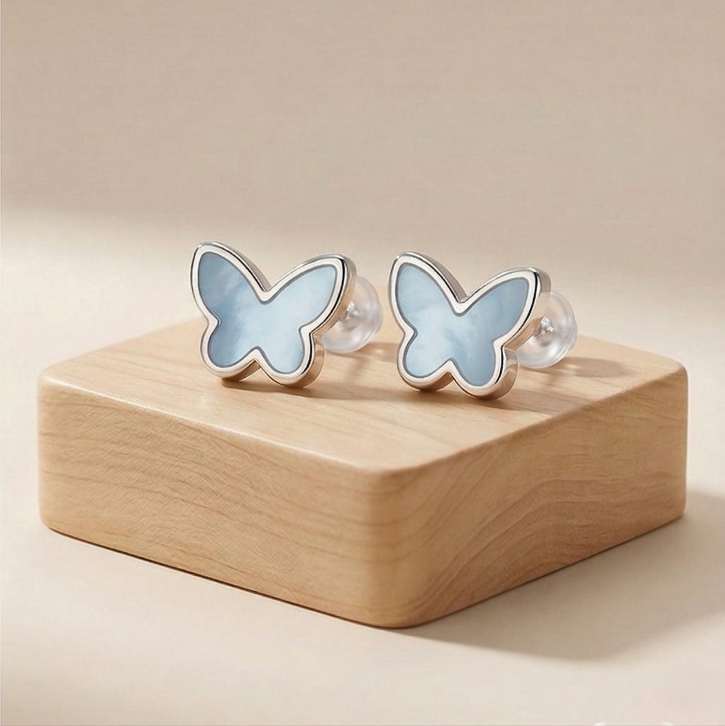 AGOR LUXE 925 Sterling Silver Blue Butterfly Stud Earrings High Polish Rhodium Finish Jewellery for Women