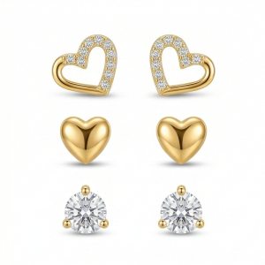 AGOR LUXE 925 Sterling Silver Multi-Pack Heart and Solitaire Stud Earrings High Polish Gold Finish Jewellery for Women