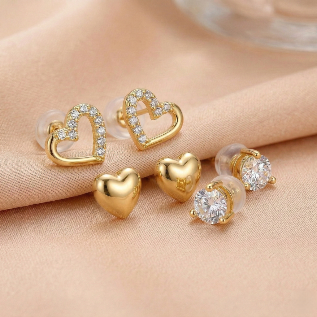 AGOR LUXE 925 Sterling Silver Multi-Pack Heart and Solitaire Stud Earrings High Polish Gold Finish Jewellery for Women
