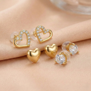 AGOR LUXE 925 Sterling Silver Multi-Pack Heart and Solitaire Stud Earrings High Polish Gold Finish Jewellery for Women