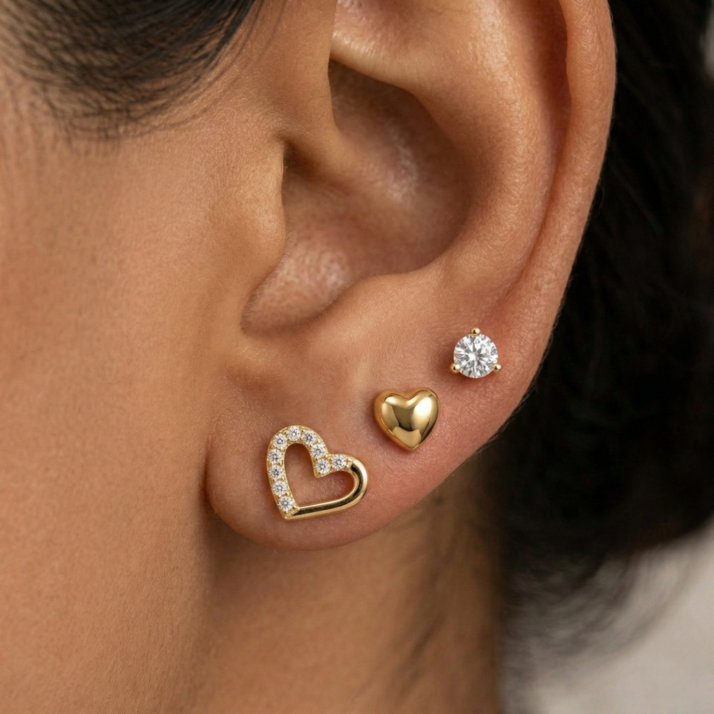 AGOR LUXE 925 Sterling Silver Multi-Pack Heart and Solitaire Stud Earrings High Polish Gold Finish Jewellery for Women