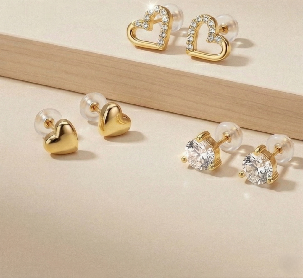 AGOR LUXE 925 Sterling Silver Multi-Pack Heart and Solitaire Stud Earrings High Polish Gold Finish Jewellery for Women
