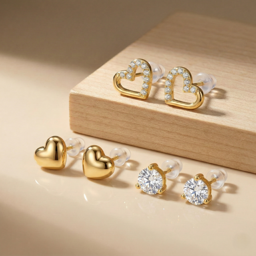 AGOR LUXE 925 Sterling Silver Multi-Pack Heart and Solitaire Stud Earrings High Polish Gold Finish Jewellery for Women