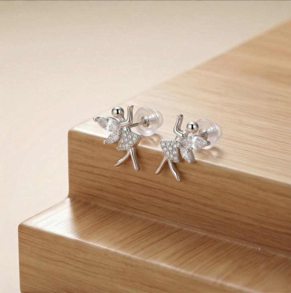 AGOR LUXE 925 Sterling Silver Fairy Ballerina Stud Earrings High Polish Rhodium Finish Jewellery for Women