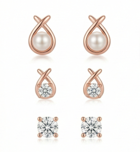 AGOR LUXE 925 Sterling Silver Rose Gold Plated Assorted Stud Earrings Set of 3 Fine Jewellery for Women