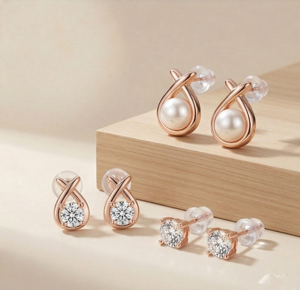 AGOR LUXE 925 Sterling Silver Rose Gold Plated Assorted Stud Earrings Set of 3 Fine Jewellery for Women