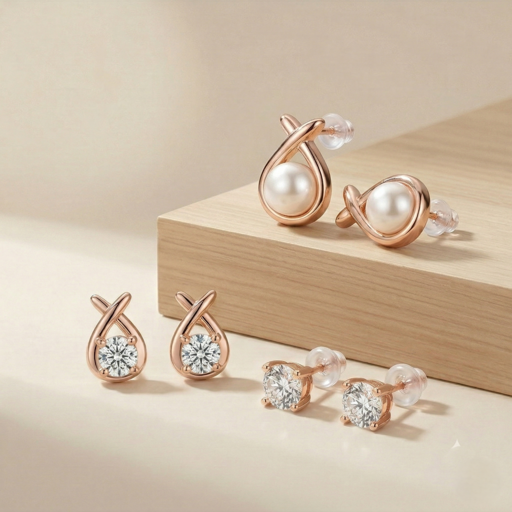 AGOR LUXE 925 Sterling Silver Rose Gold Plated Assorted Stud Earrings Set of 3 Fine Jewellery for Women
