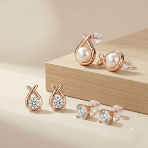 AGOR LUXE 925 Sterling Silver Rose Gold Plated Assorted Stud Earrings Set of 3 Fine Jewellery for Women