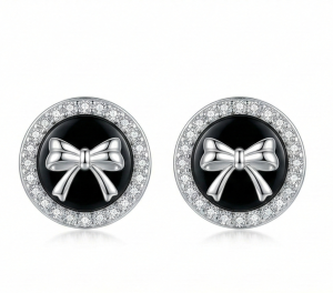 AGOR LUXE 925 Sterling Silver Black Enamel Bow Halo Stud Earrings High Polish Rhodium Finish Fine Jewellery for Women