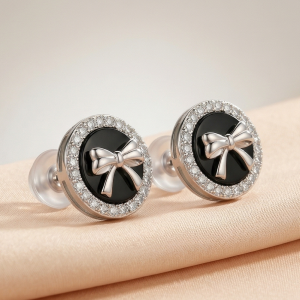 LUXE 925 Sterling Silver Black Enamel Bow Halo Stud Earrings High Polish Rhodium Finish Fine Jewellery for Women