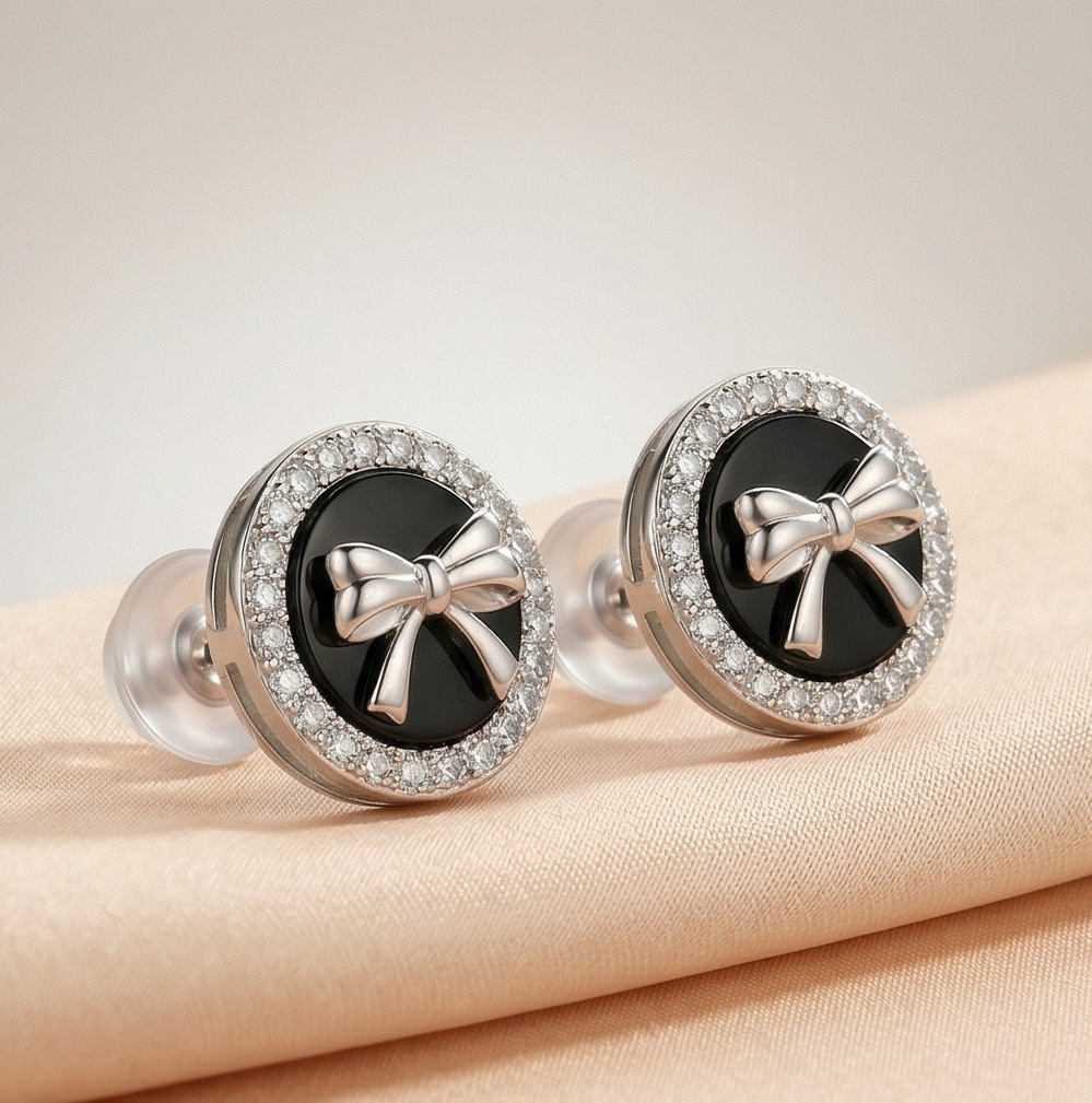 LUXE 925 Sterling Silver Black Enamel Bow Halo Stud Earrings High Polish Rhodium Finish Fine Jewellery for Women