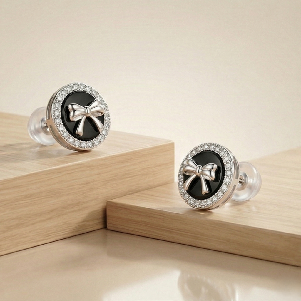 AGOR LUXE 925 Sterling Silver Black Enamel Bow Halo Stud Earrings High Polish Rhodium Finish Fine Jewellery for Women
