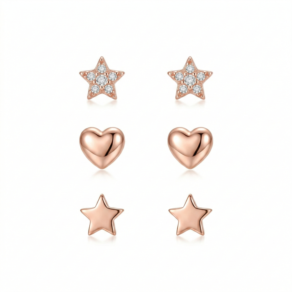 AGOR LUXE 925 Sterling Silver Rose Gold Plated Heart and Star Stud Earrings Set of 3 Fine Jewellery for Women
