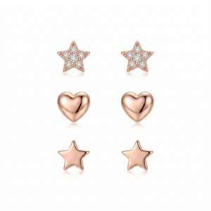 AGOR LUXE 925 Sterling Silver Rose Gold Plated Heart and Star Stud Earrings Set of 3 Fine Jewellery for Women