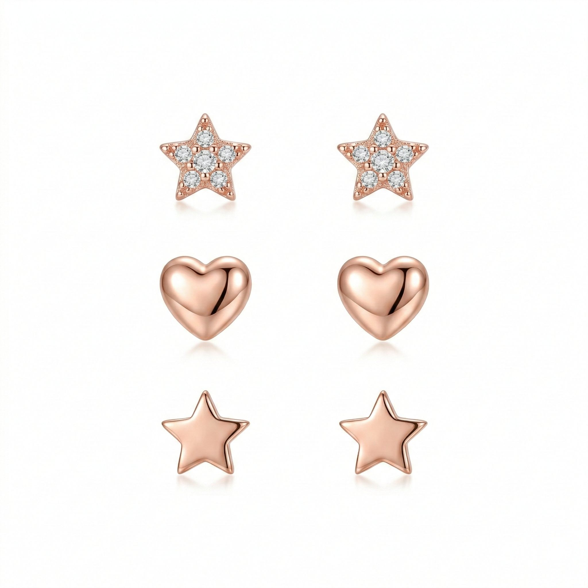 LUXE 925 Sterling Silver Rose Gold Plated Heart and Star Stud Earrings Set of 3 Fine Jewellery for Women