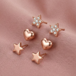 AGOR LUXE 925 Sterling Silver Rose Gold Plated Heart and Star Stud Earrings Set of 3 Fine Jewellery for Women