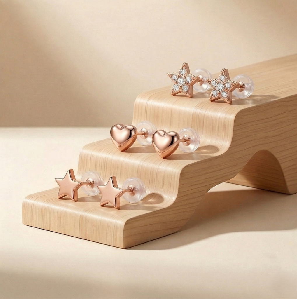 AGOR LUXE 925 Sterling Silver Rose Gold Plated Heart and Star Stud Earrings Set of 3 Fine Jewellery for Women