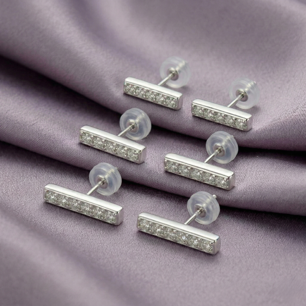 AGOR LUXE 925 Sterling Silver Minimalist Bar Stud Earrings Set of 3 High Polish Rhodium Finish Fine Jewellery for Women